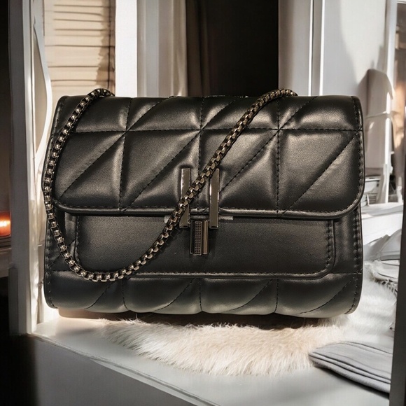 Handbags - Elegant Black Faux Leather Shoulder Bag With Chain Strap